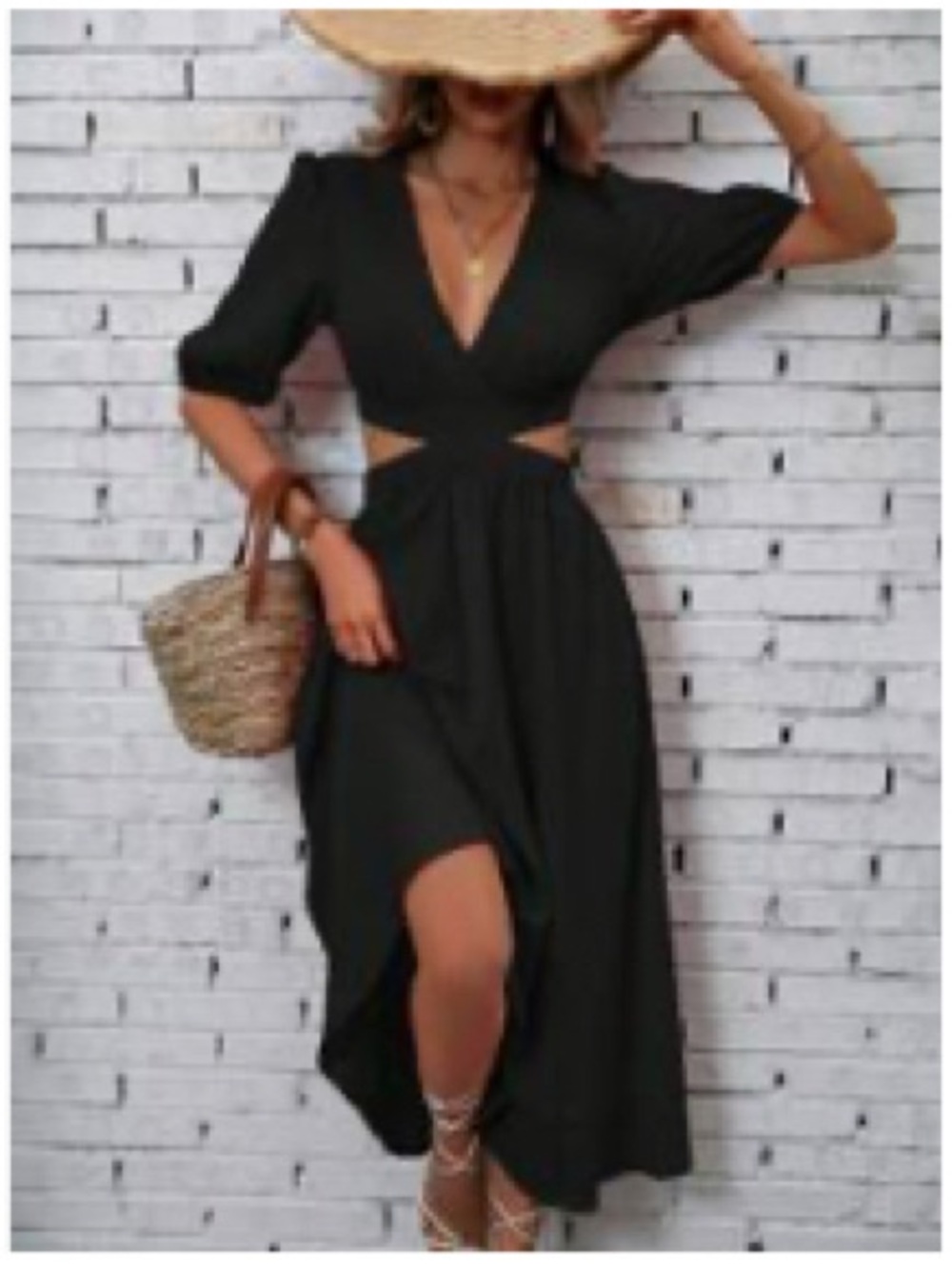Women's Black Cutout V-Neck Midi Dress